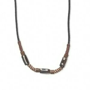 Hand Crafted Black Brown Leather Yak Bone & Cotton Artisan Necklace